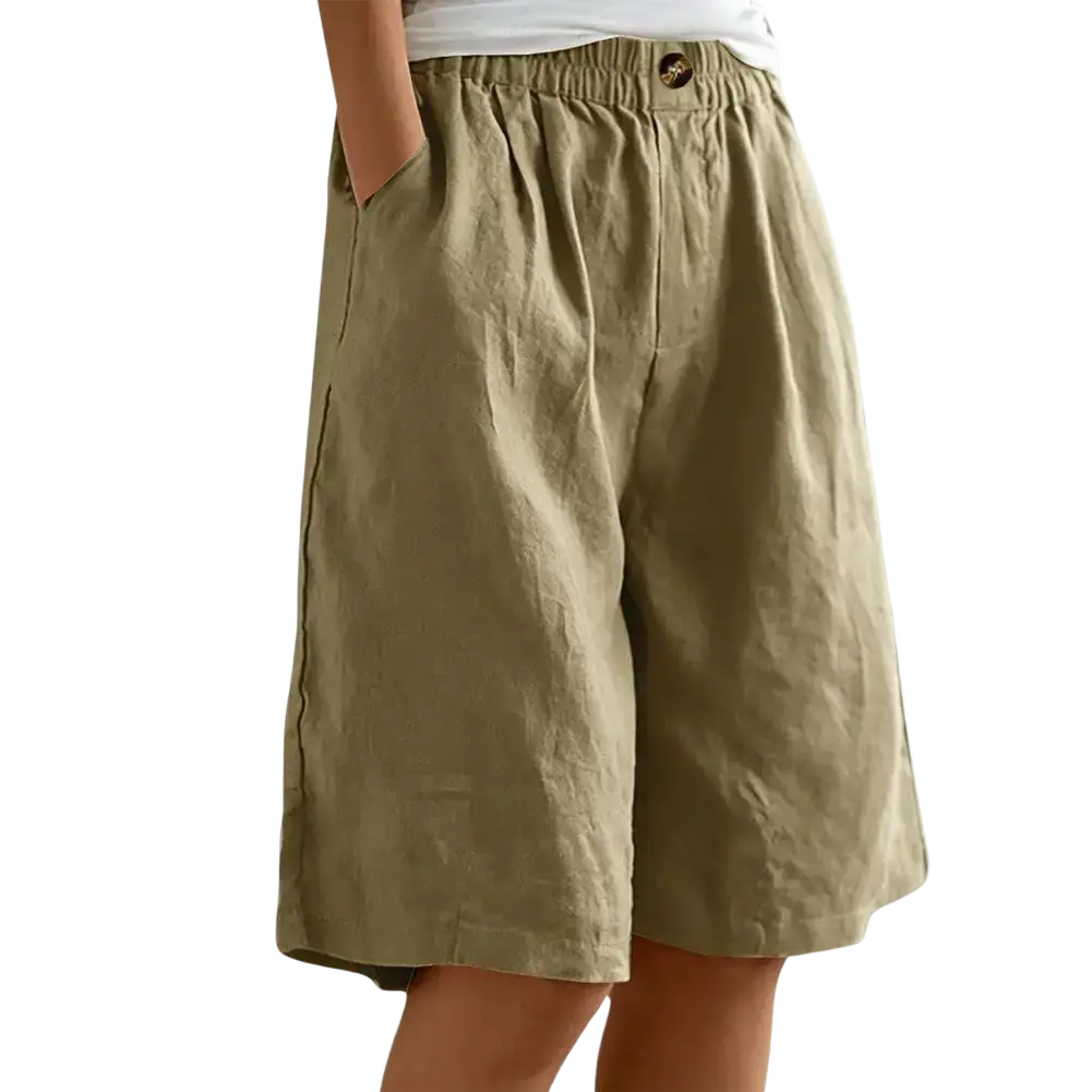 Women khaki linen bermuda shorts with elastic waist and button closure featuring comfortable pants length and leg opening