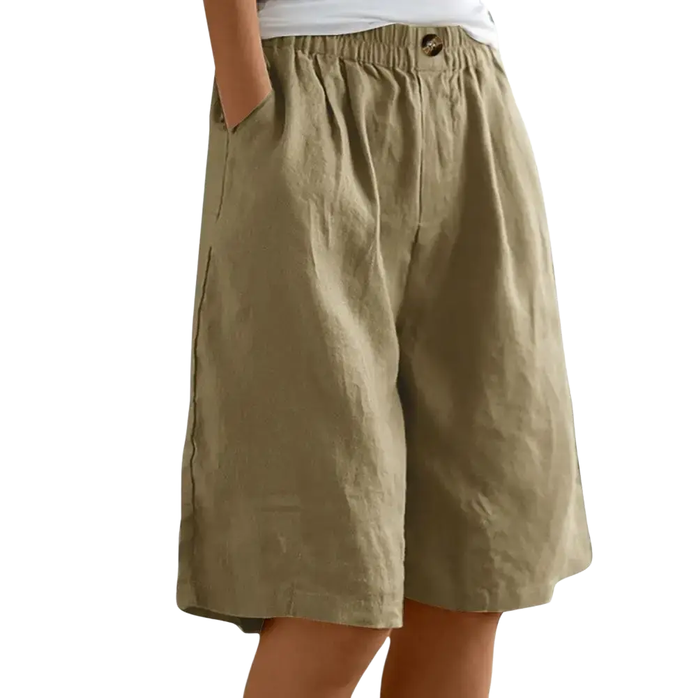 Khaki linen bermuda shorts for women with elastic waist, single button closure, and comfortable pants length leg opening