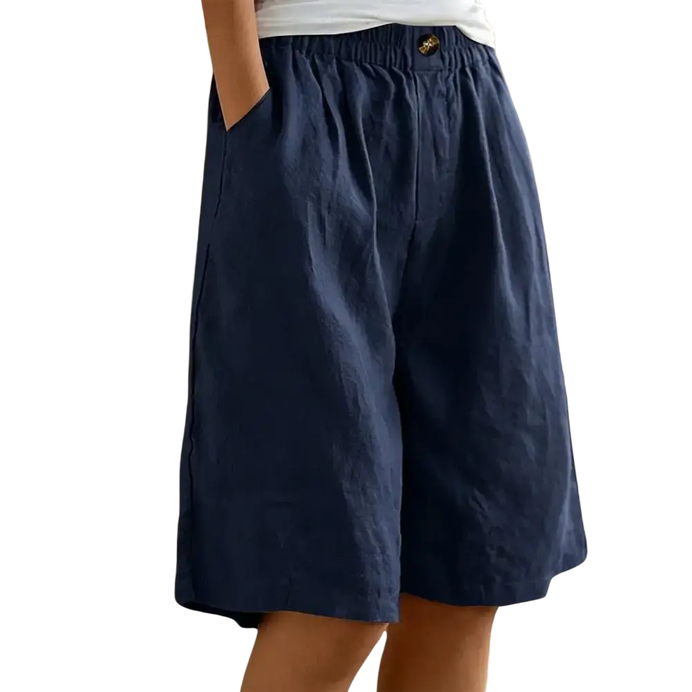 Navy blue women linen bermuda shorts with elastic waist, relaxed fit, and comfortable pants length and leg opening