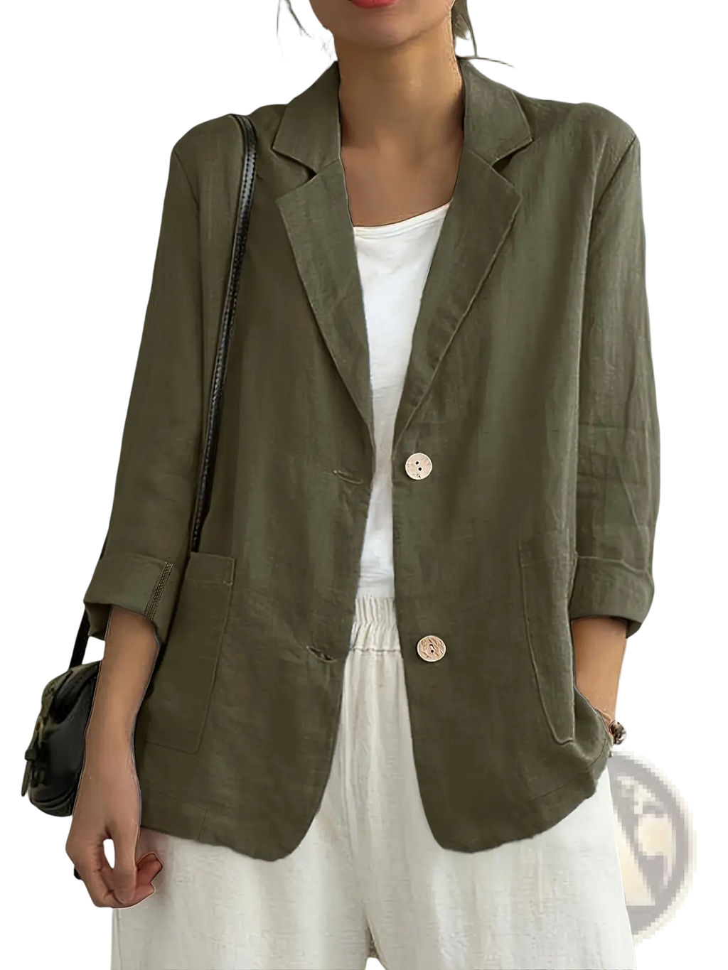Women linen blazer in olive green featuring two-tone buttons and rolled sleeves for casual workwear