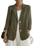 Women linen blazer in olive green featuring two-tone buttons and rolled sleeves for casual workwear