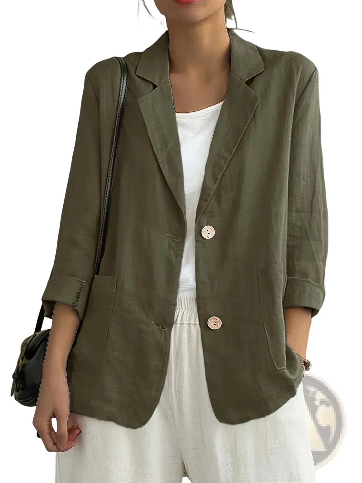 Women linen blazer in olive green featuring two-tone buttons and rolled sleeves for casual workwear