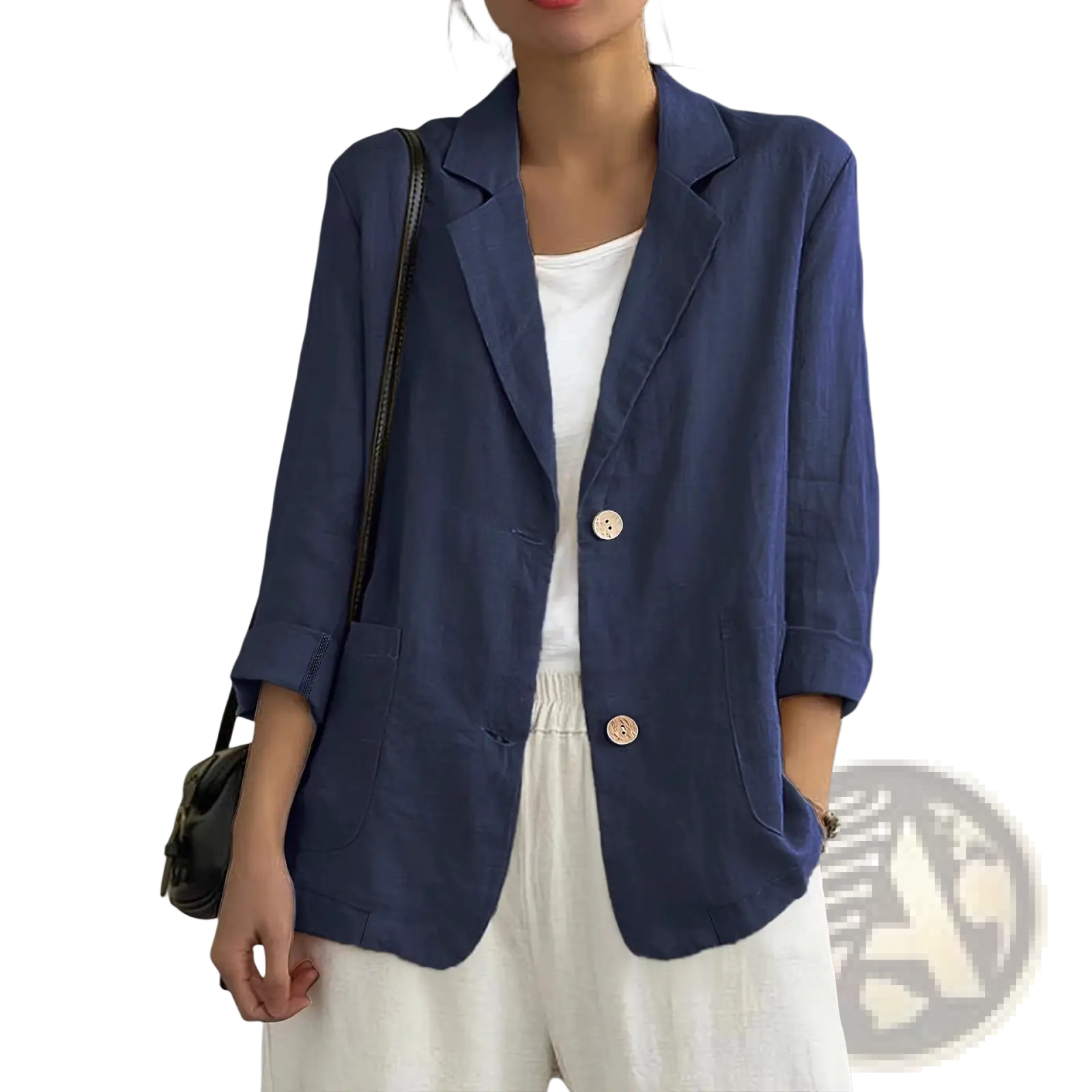 Navy blue women linen blazer with rolled sleeves and light-colored buttons for casual workwear jacket
