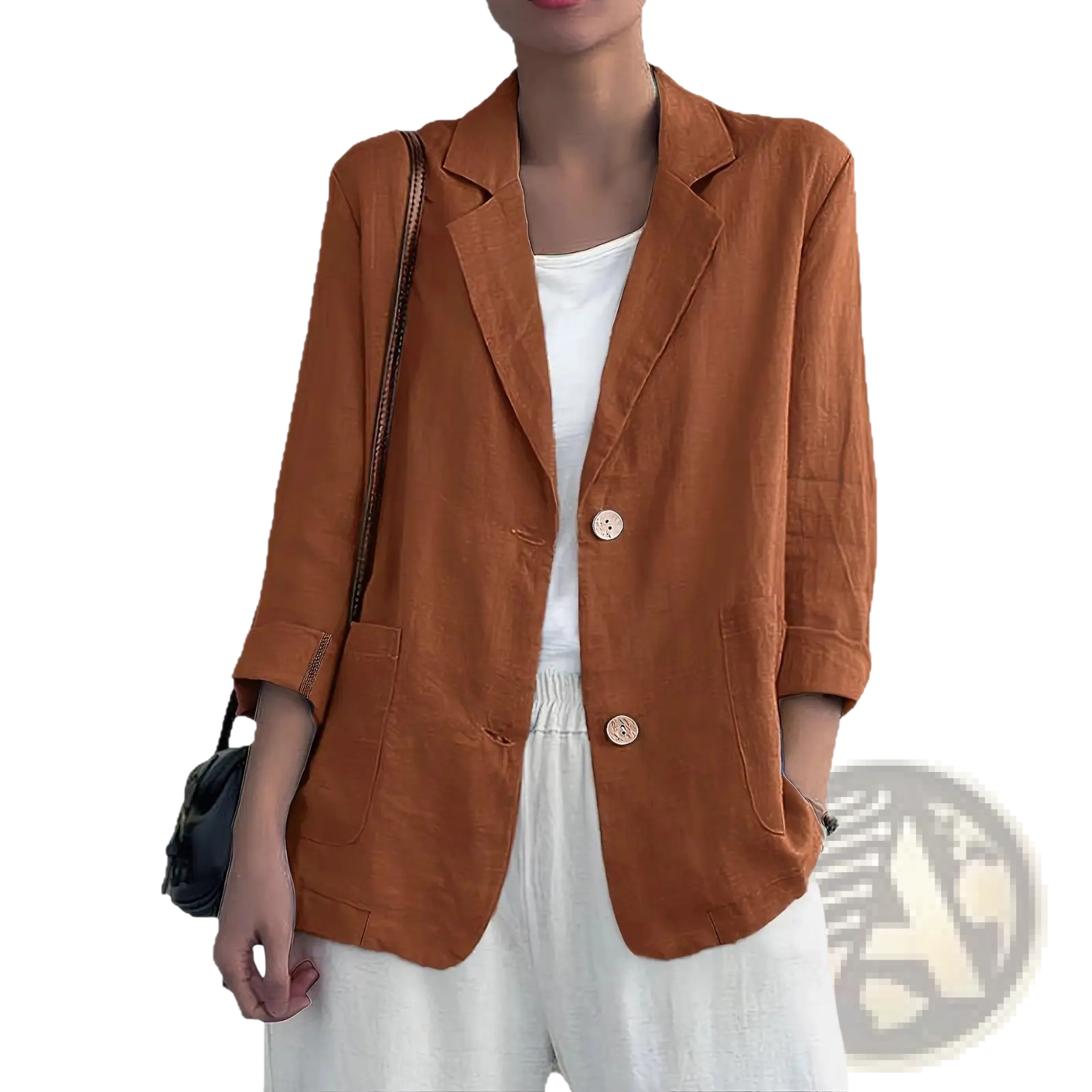 A soft rust-colored linen blazer with relaxed fit and three-quarter sleeves for women casual workwear
