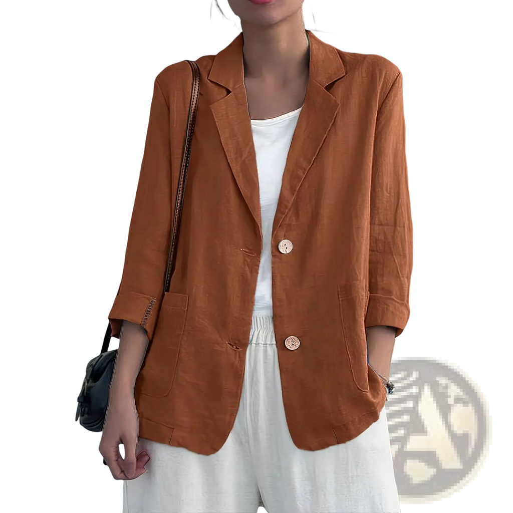 A soft rust-colored linen blazer with relaxed fit and three-quarter sleeves for casual workwear women jacket