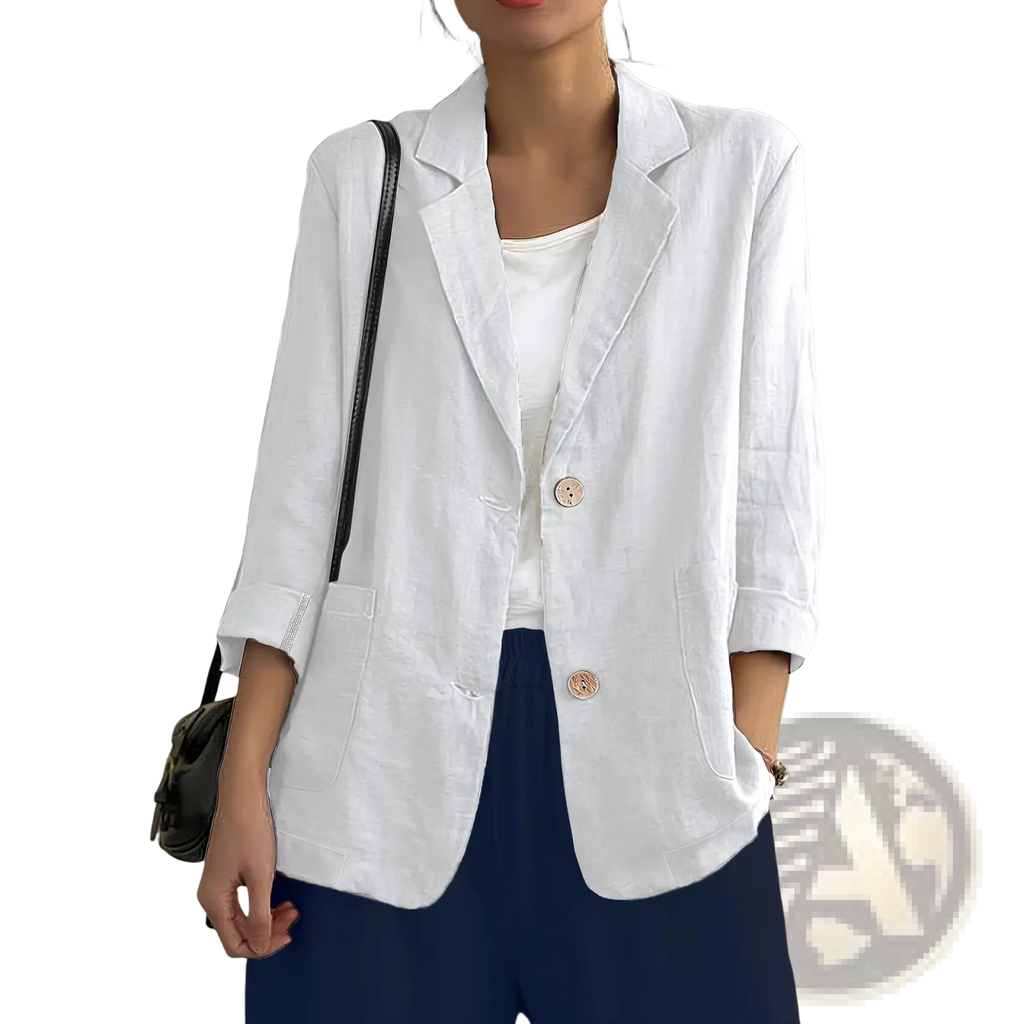 White linen blazer with rolled-up sleeves and wooden buttons for casual workwear women jacket