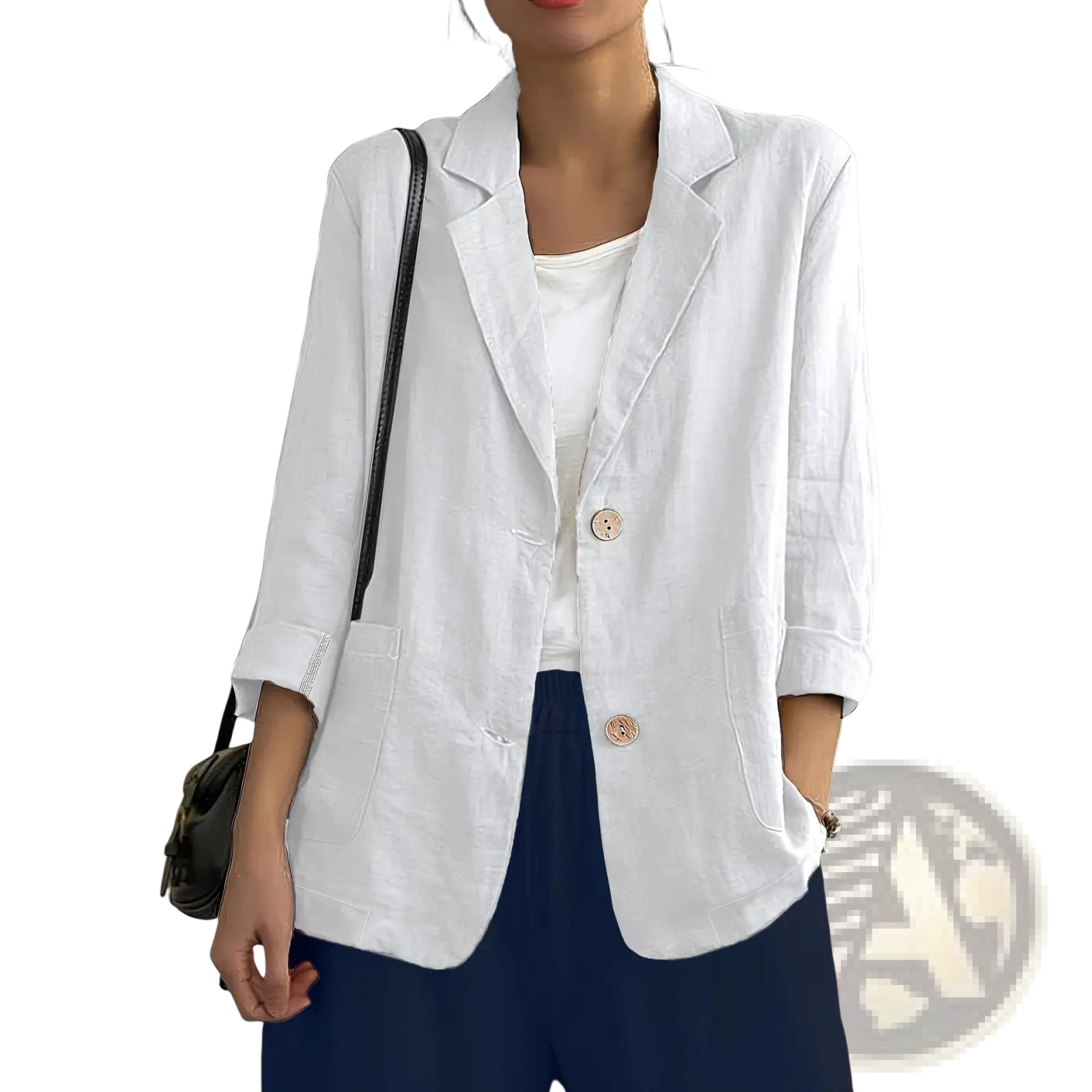 White linen blazer with rolled-up sleeves and wooden buttons for casual workwear women jacket