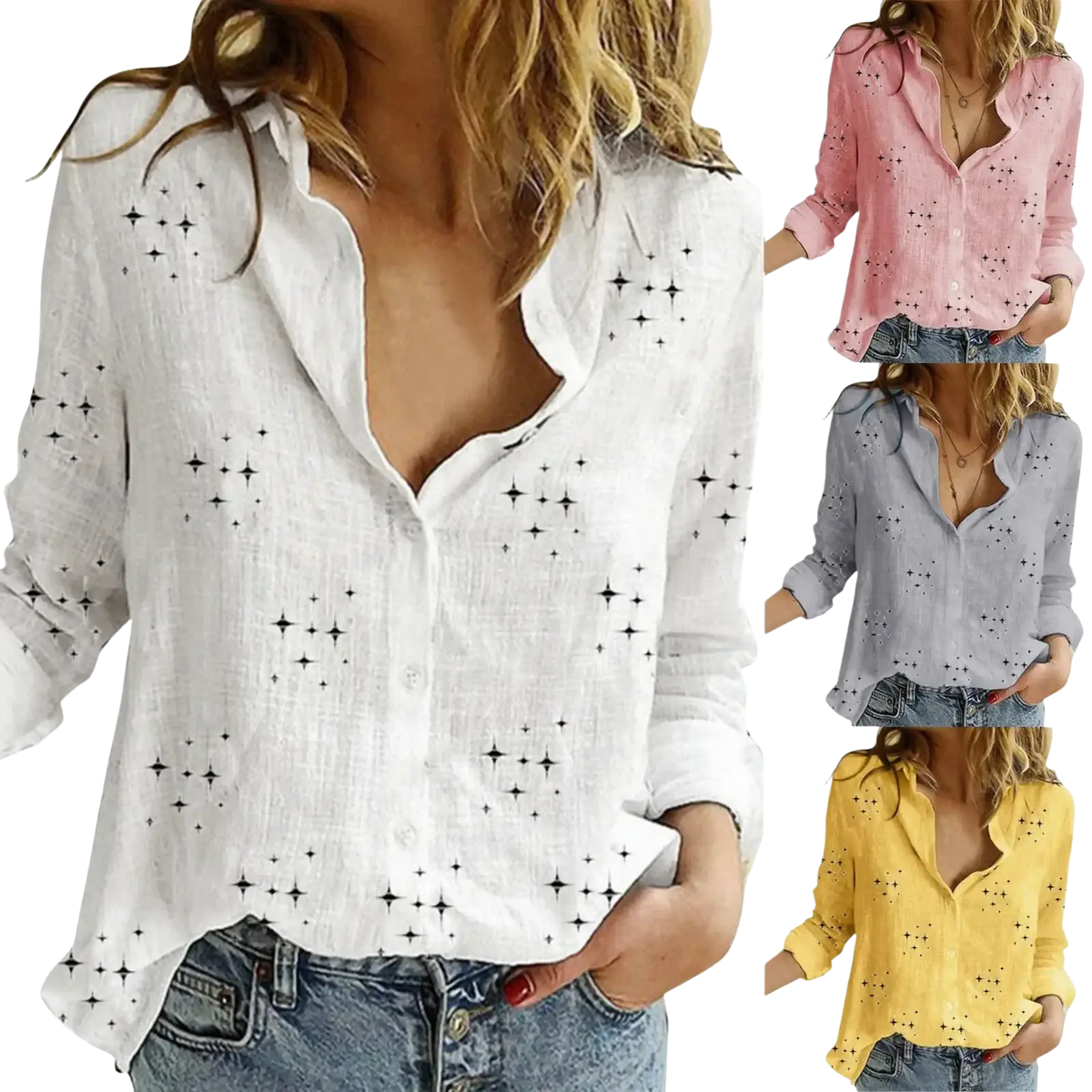 Women linen cotton v neck blouse with white star pattern, relaxed fit, subtle texture, and long sleeve length