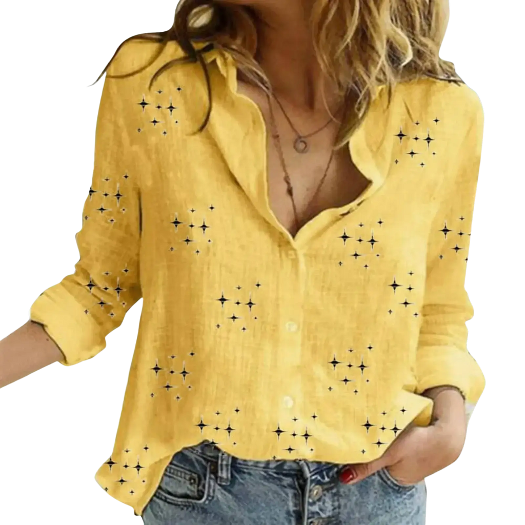 Women linen cotton v neck blouse long sleeve in yellow with black star patterns suitable for casual shirts from mainland china synthetic fiber blend