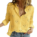 Women linen cotton v neck blouse long sleeve in yellow with black star patterns suitable for casual shirts from mainland china synthetic fiber blend