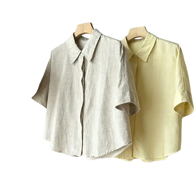 Women linen short sleeve button up shirt in beige with classic collar and subtle texture made of linen fabric