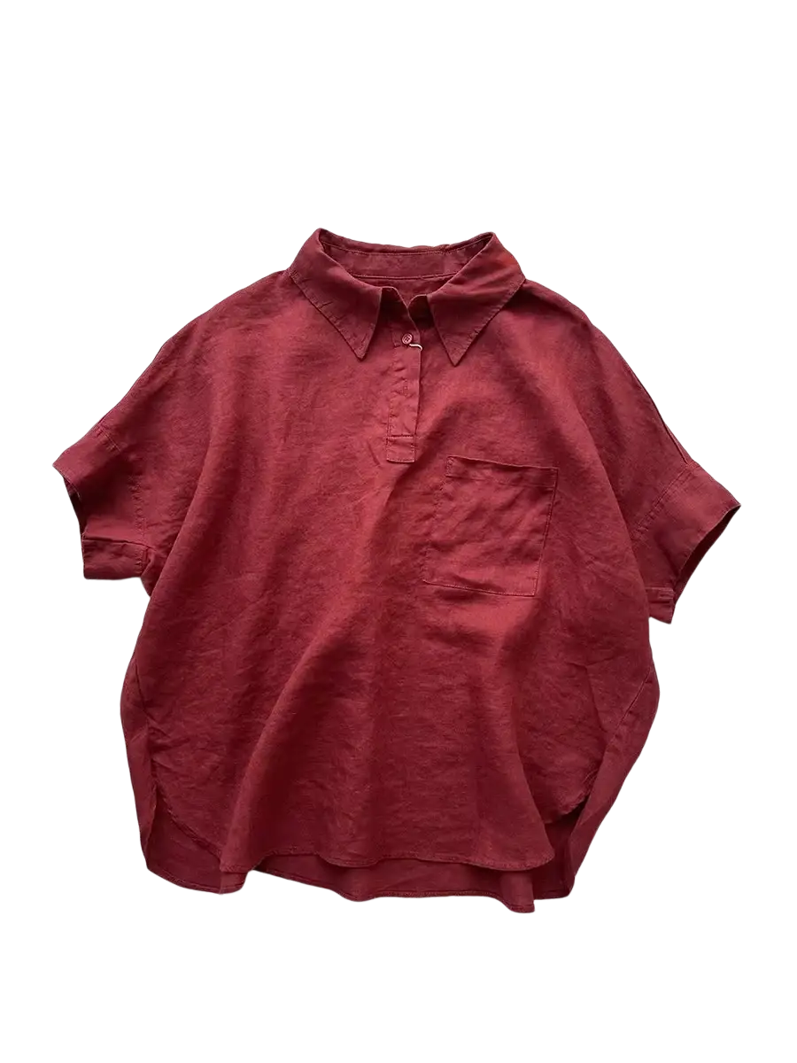 Women linen short sleeve button up shirt in deep red with a loose fit, collar, and chest pocket