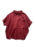 Women linen short sleeve button up shirt in deep red with a loose fit, collar, and chest pocket