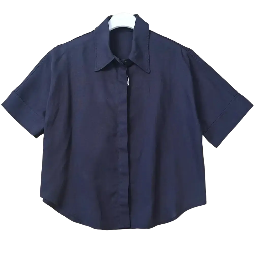 Women linen short sleeve button up shirt in navy blue with classic collar and neatly folded cuffs