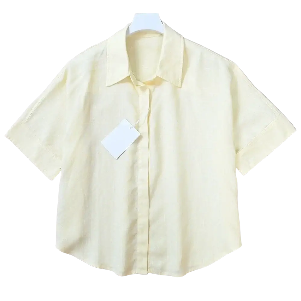 Women linen short sleeve button up shirt in pale yellow with classic collar and simple design