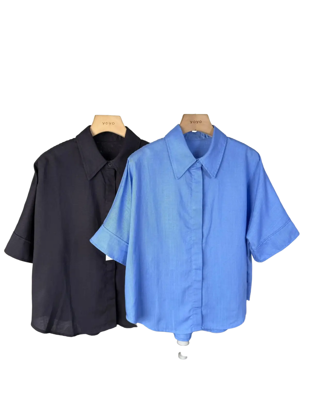 Blue women linen short sleeve button up shirt with classic collar and subtle vertical ribbing on front side
