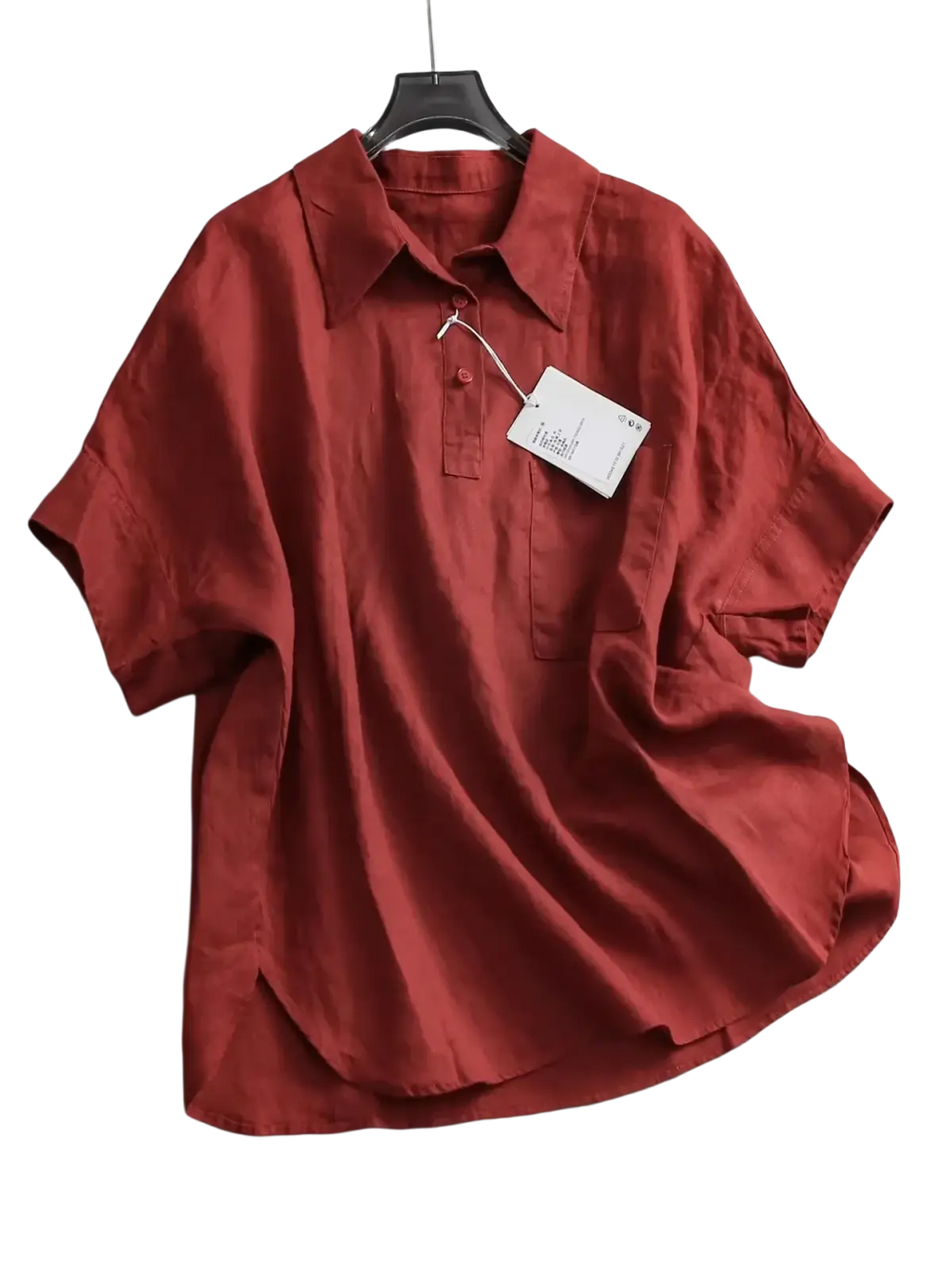 Women rust-red linen short sleeve button-up shirt with classic collar and subtle pleats at the hem