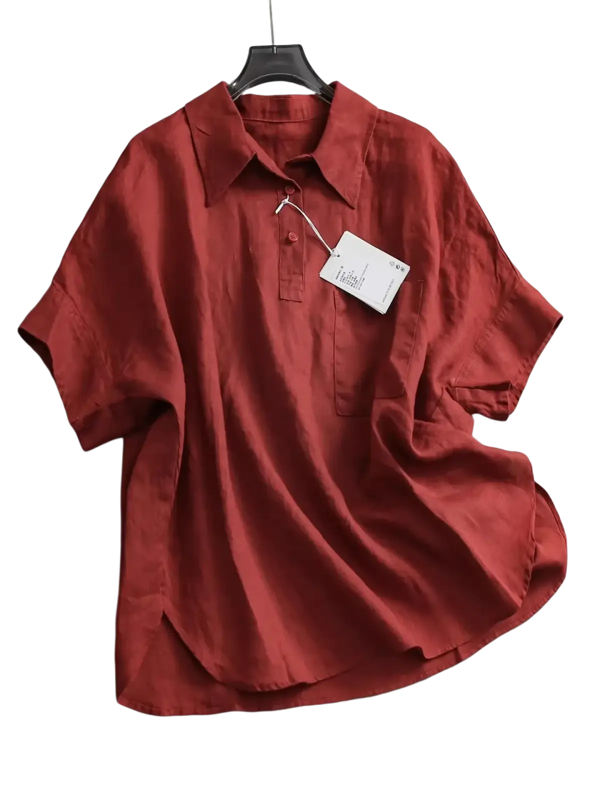 Women rust-red linen short sleeve button-up shirt with classic collar and subtle pleats at the hem