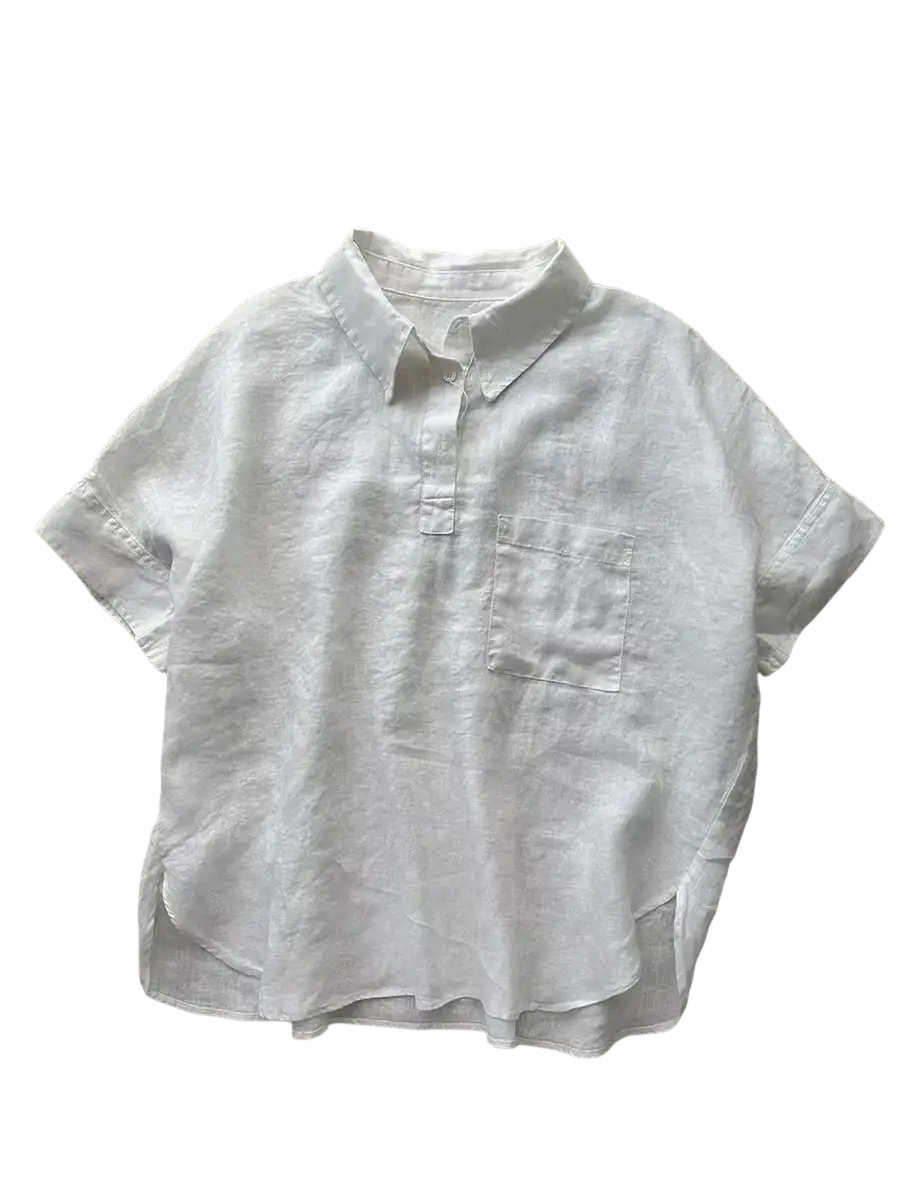 White linen short sleeve button up shirt with collar and chest pocket for women in blue color