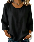 Black women linen casual top with three-quarter sleeves and rounded neckline in a loose-fitting design