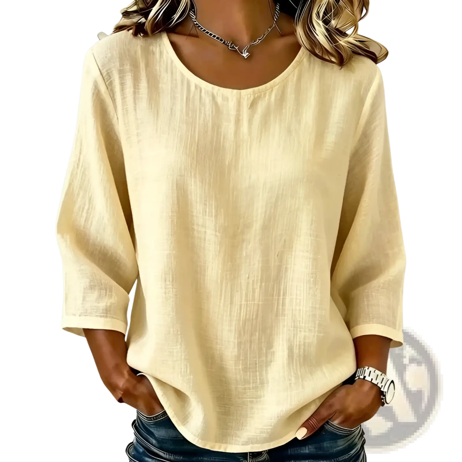 Beige linen women three-quarter sleeve casual top with a relaxed fit for comfortable everyday wear