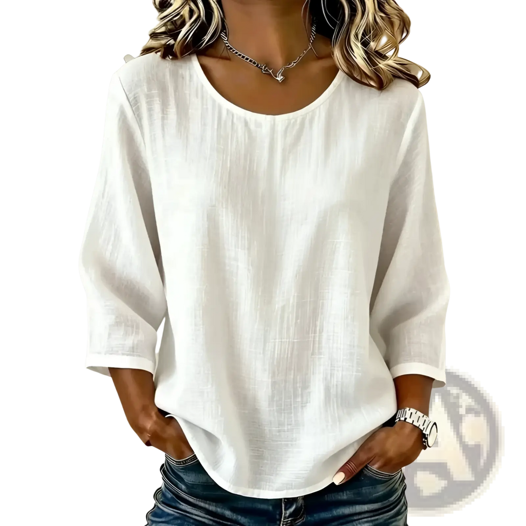White linen blouse with relaxed fit and three-quarter sleeves for casual wear in women linen three-quarter sleeve casual top