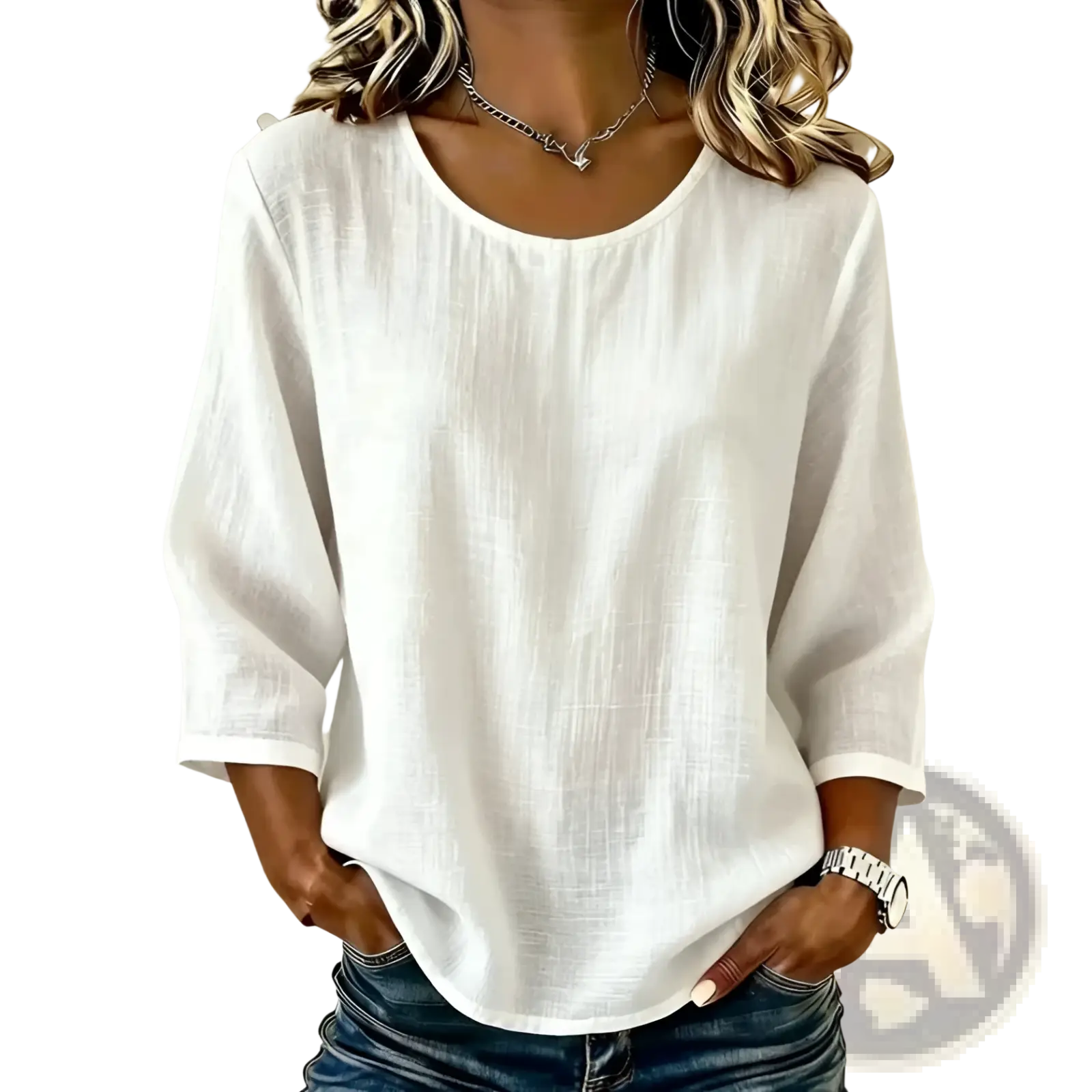 White linen blouse with relaxed fit and three-quarter sleeves for casual wear in women linen three-quarter sleeve casual top