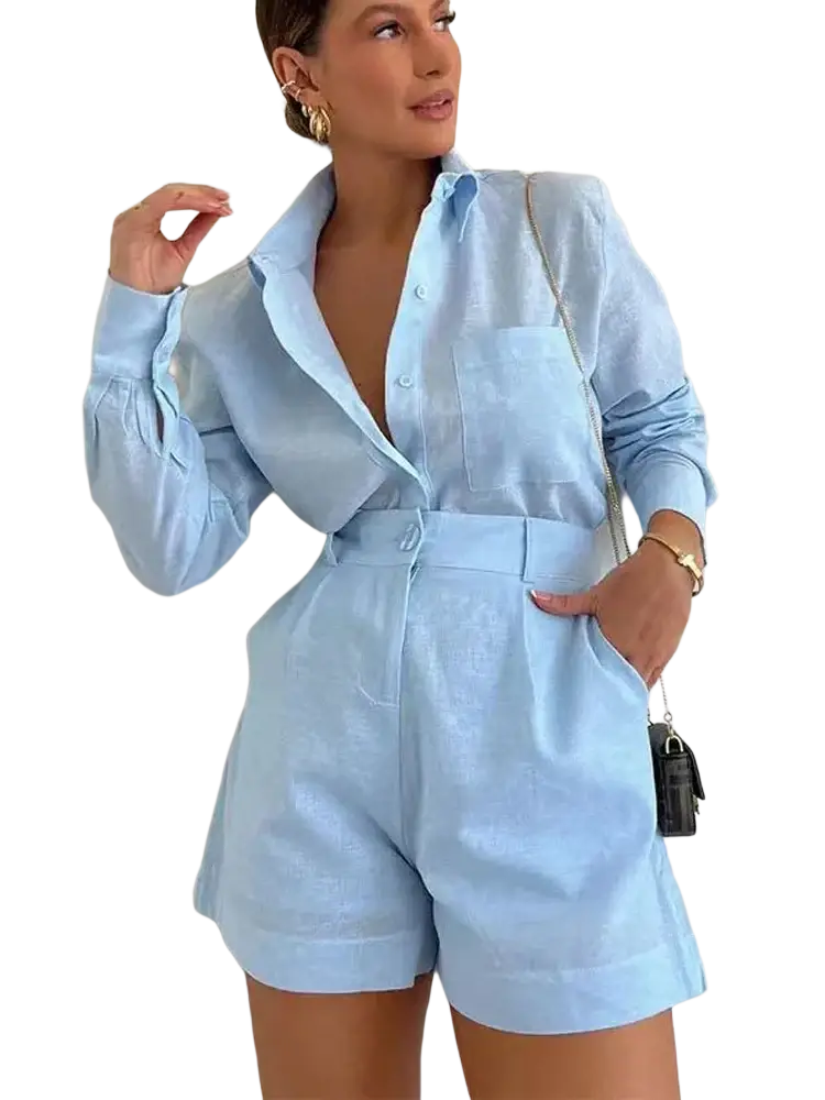 Light blue linen button-up jumpsuit with collar and button pockets closure for women two piece set