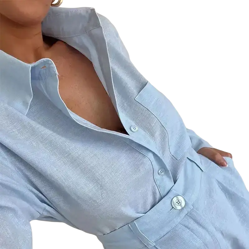 Light blue linen shirt dress with button-down closure and button pockets in a women linen two piece set