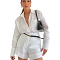 White linen shirt with relaxed fit button-down collar and button pockets closure in women linen two piece set