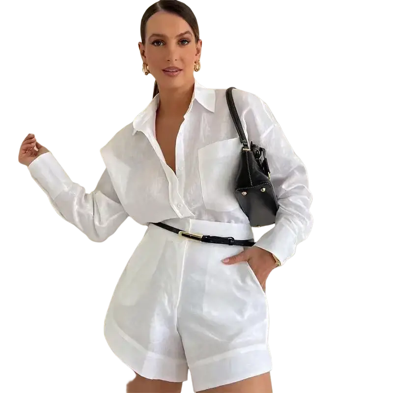 White satin shirt with long sleeves, collar, and button pockets closure in women linen two piece set with shorts
