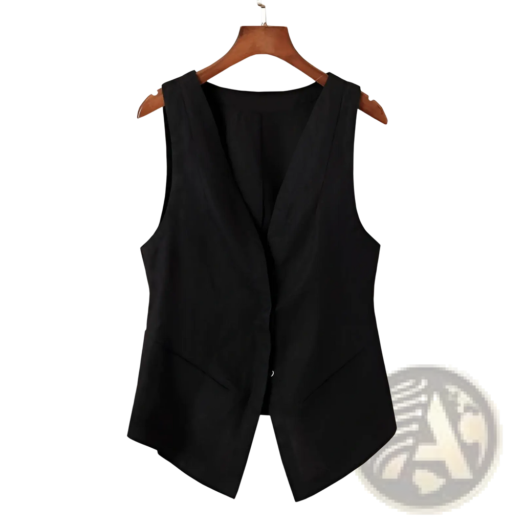 Black linen sleeveless vest with v-neckline and front button closure hanging on a wooden hanger for casual wear