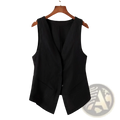 Black linen sleeveless vest with v-neckline and front button closure hanging on a wooden hanger for casual wear