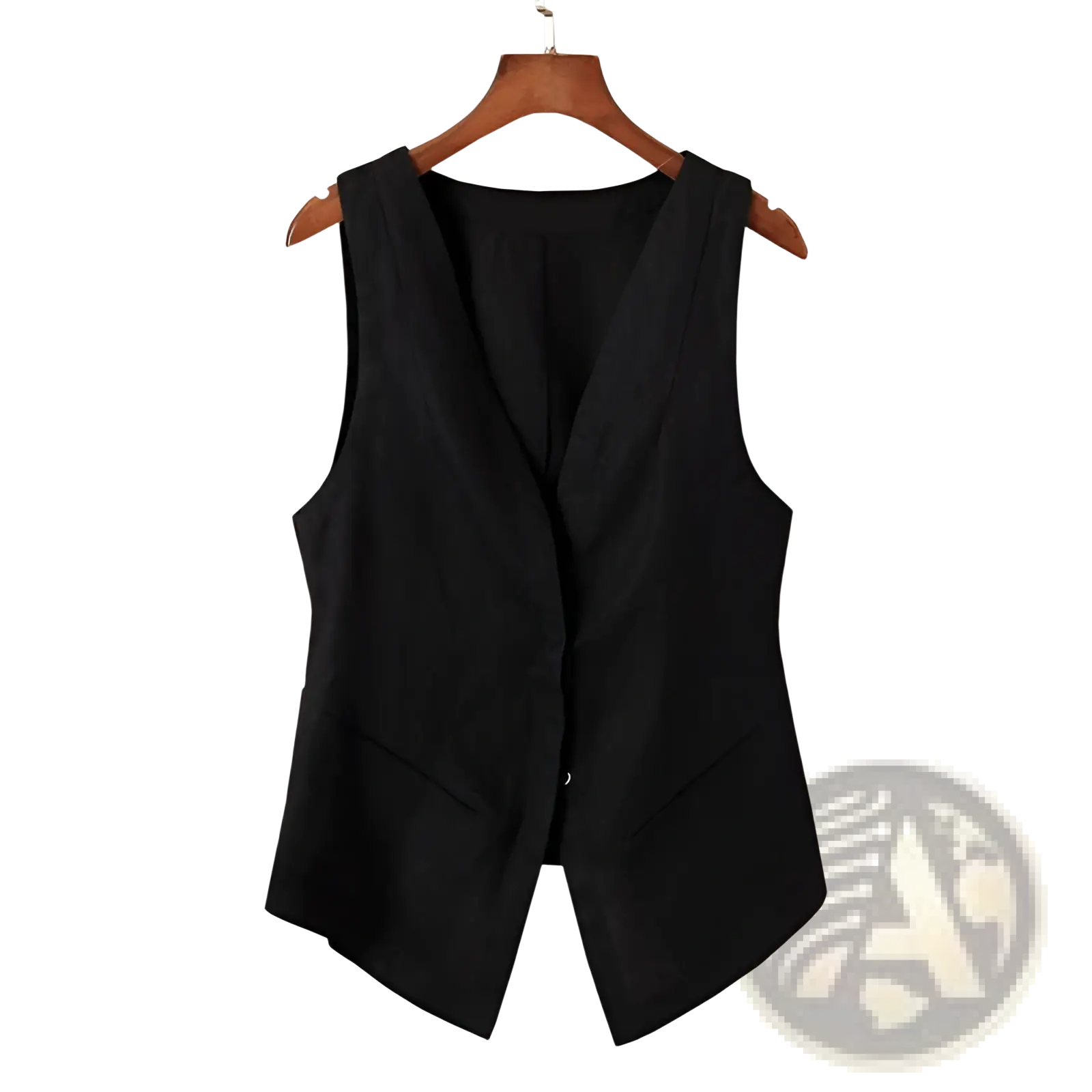 Black linen sleeveless vest with v-neckline and front button closure hanging on a wooden hanger for casual wear