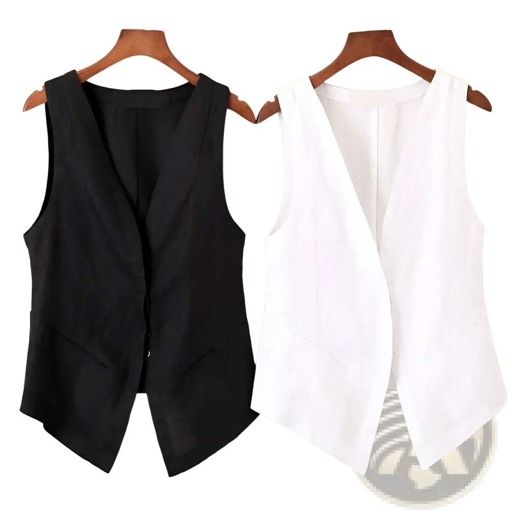 Black and white women linen v neck sleeveless vests hanging on wooden hangers for casual wear