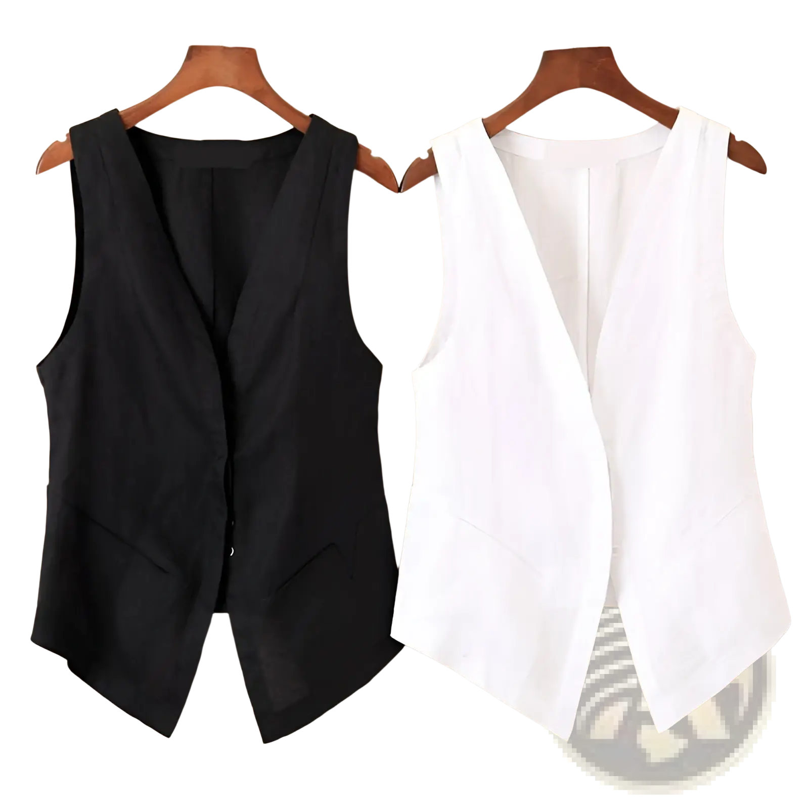 Black and white women linen v neck sleeveless vests hanging on wooden hangers for casual wear