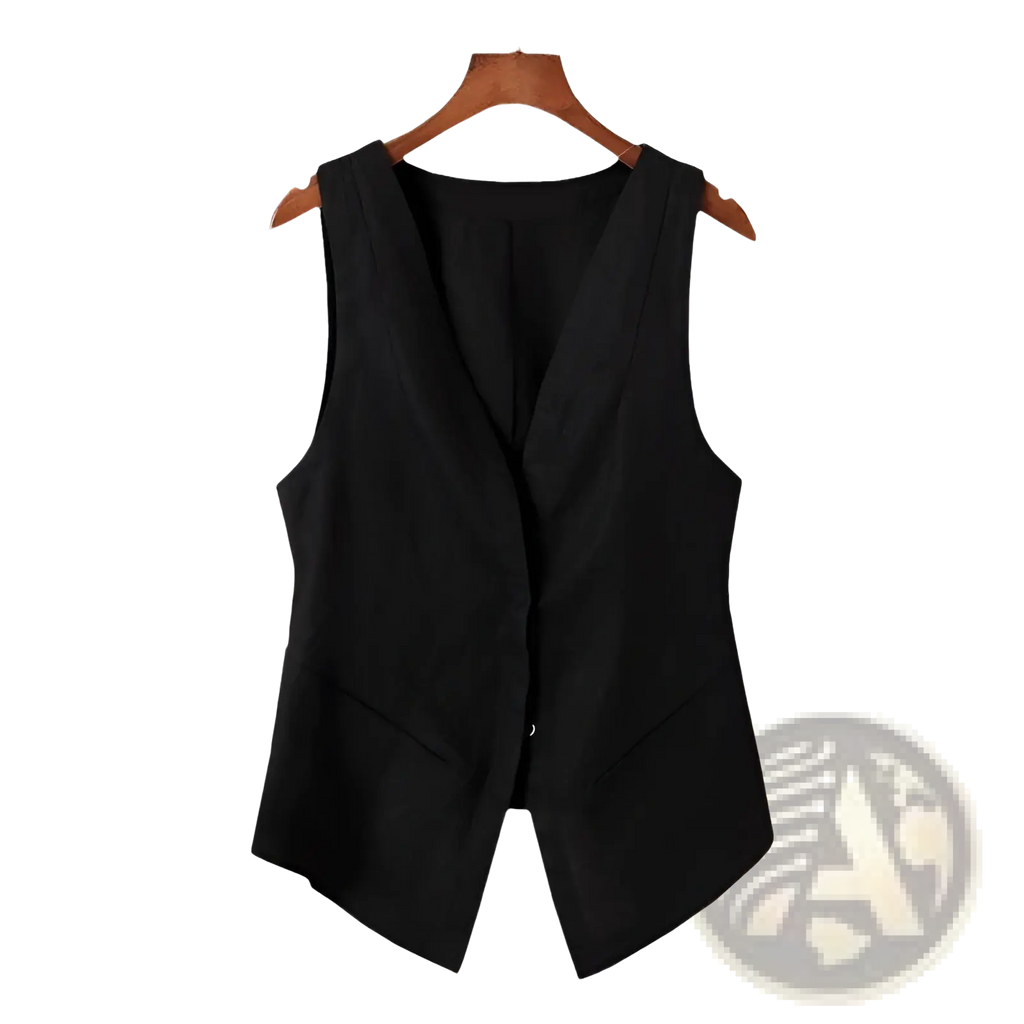 Black linen women sleeveless vest with v neck and front button closure hanging on wooden hanger for casual wear