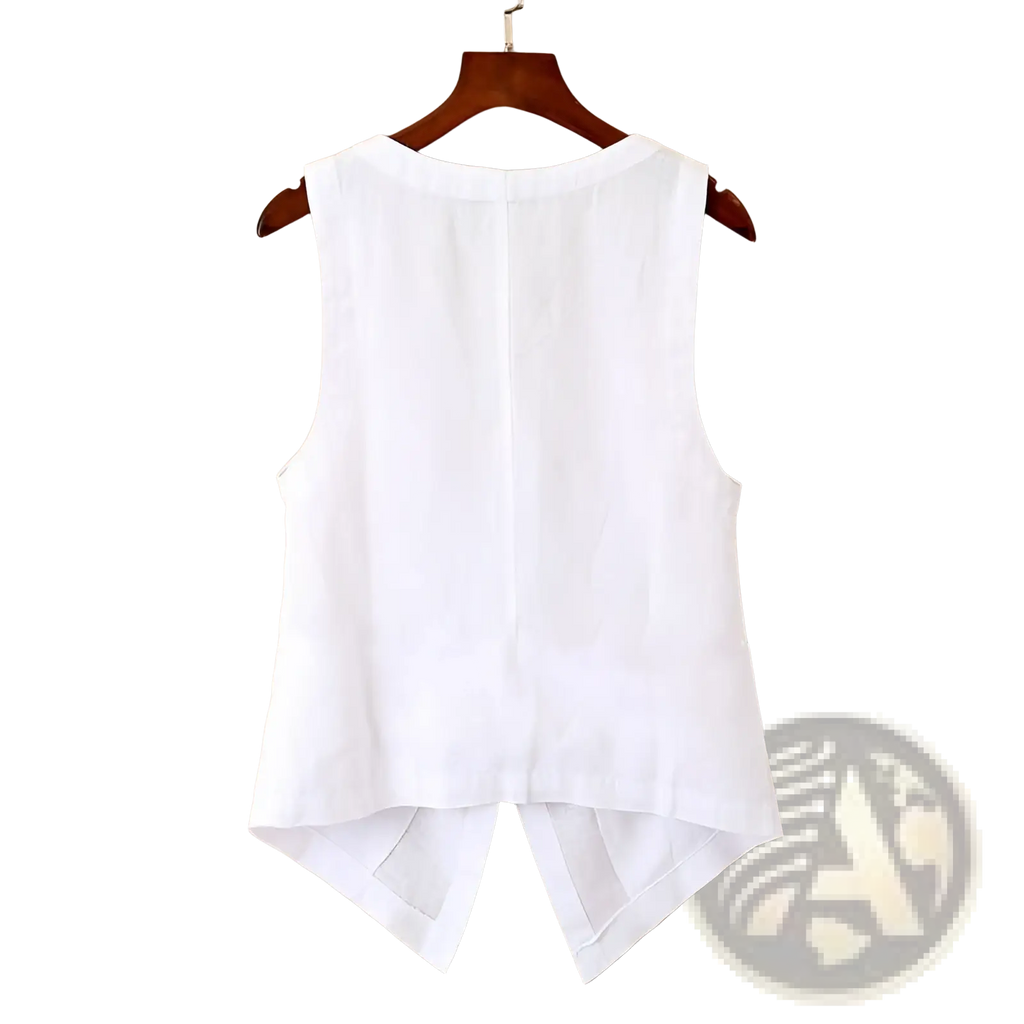 White linen sleeveless vest with v neck and high-low hemline showing back split hanging on wooden hanger