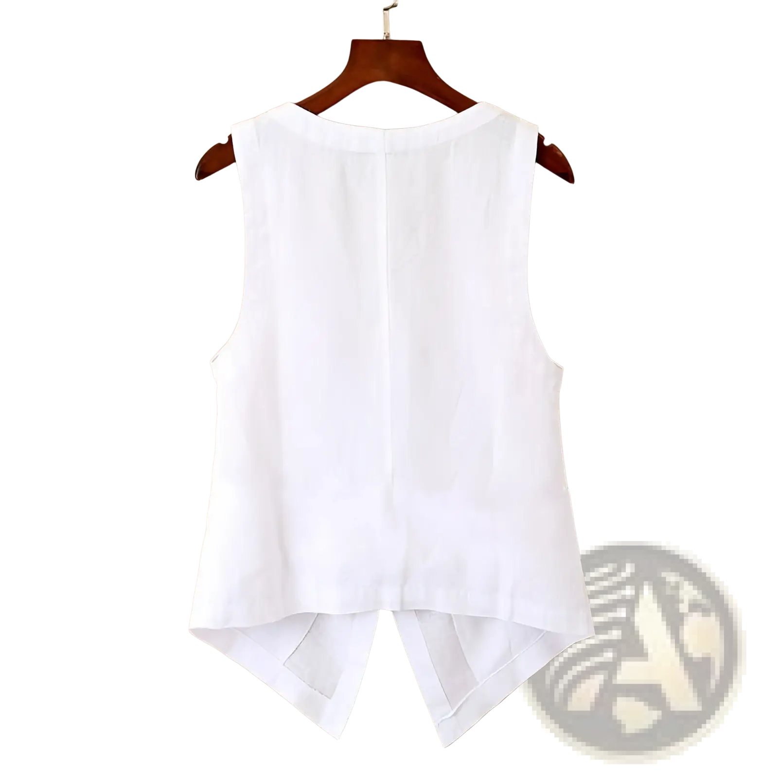 White linen sleeveless vest with v neck and high-low hemline showing back split hanging on wooden hanger