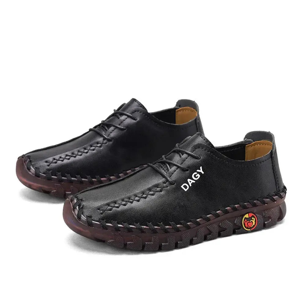 Black leather women’s soft lace-up loafers with braided stitching and dagy logo featuring rubber soles