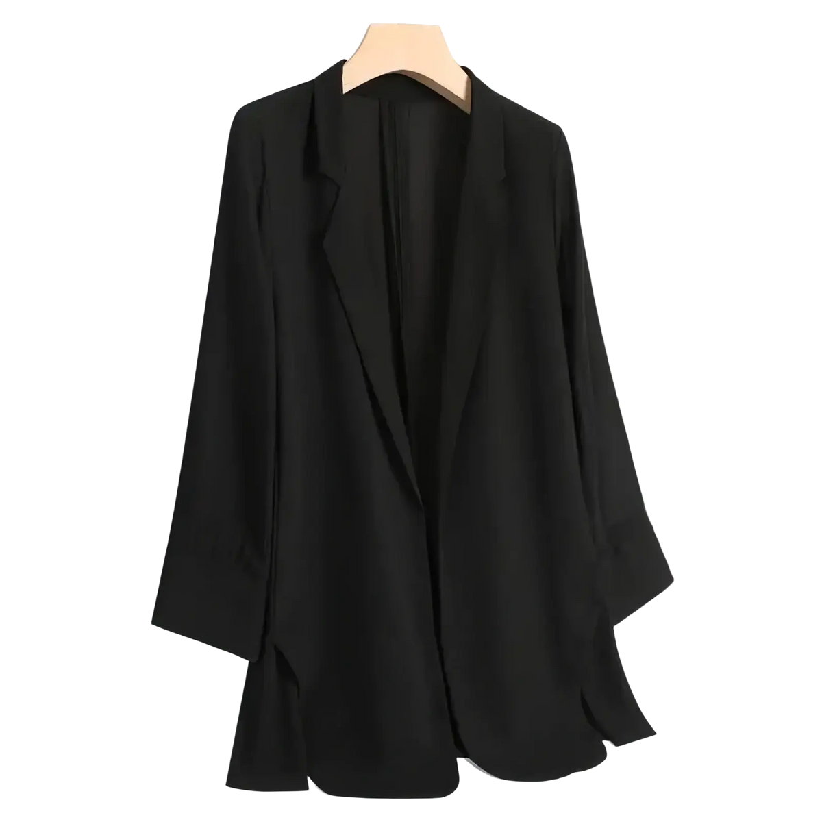 Women long casual black blazer with lightweight fabric sleek minimalist design and subtle side slits for office wear