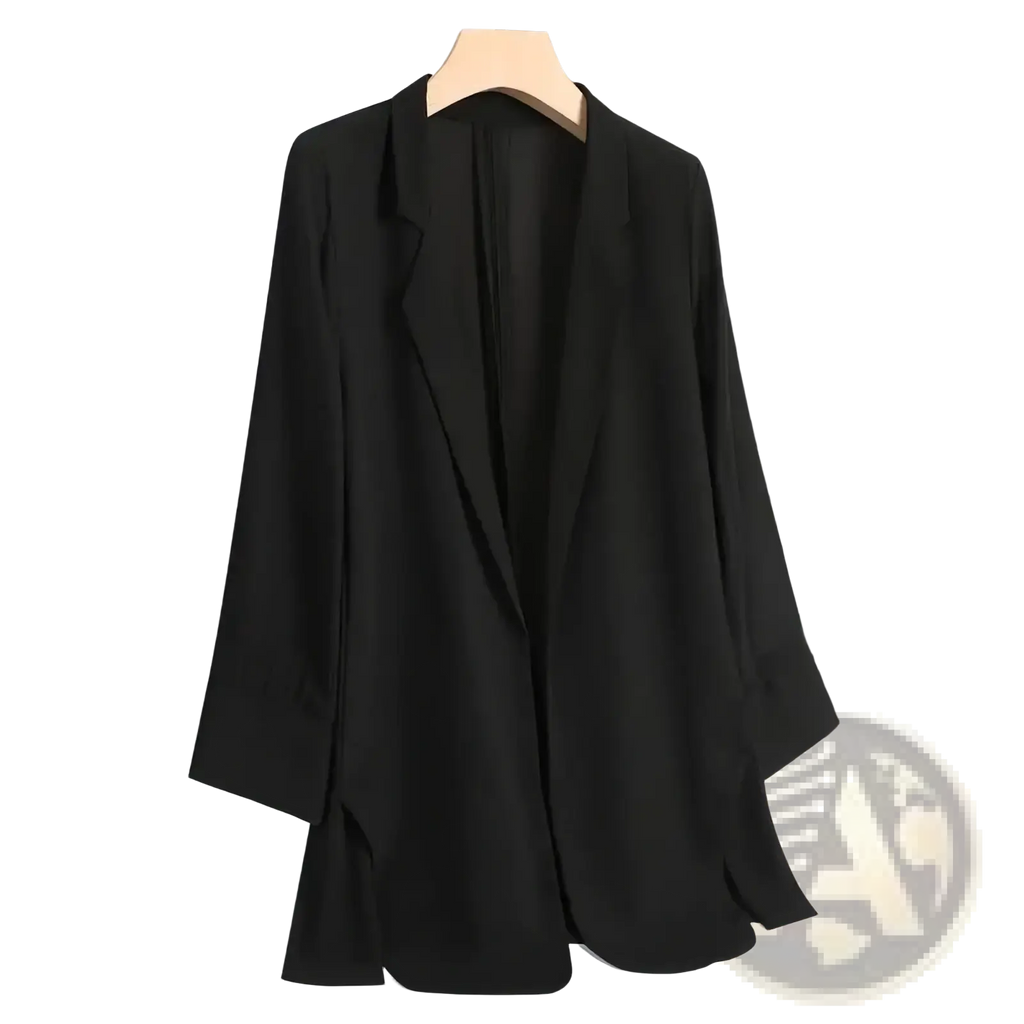 Women long casual black blazer with lightweight fabric sleek minimalist design and subtle side slits for office wear