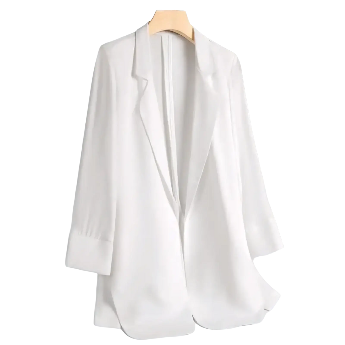 A sleek white long casual blazer with satin finish and long sleeves hanging on a wooden hanger for elegant office wear