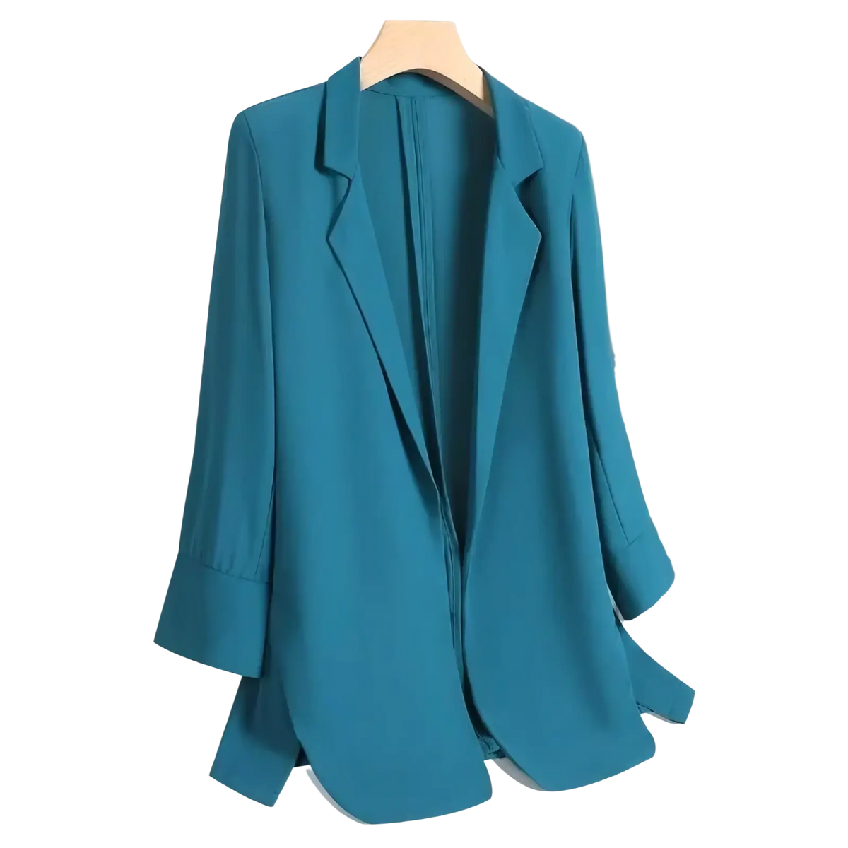 Teal lightweight women long casual blazer with relaxed fit and flared sleeves suitable for elegant office wear