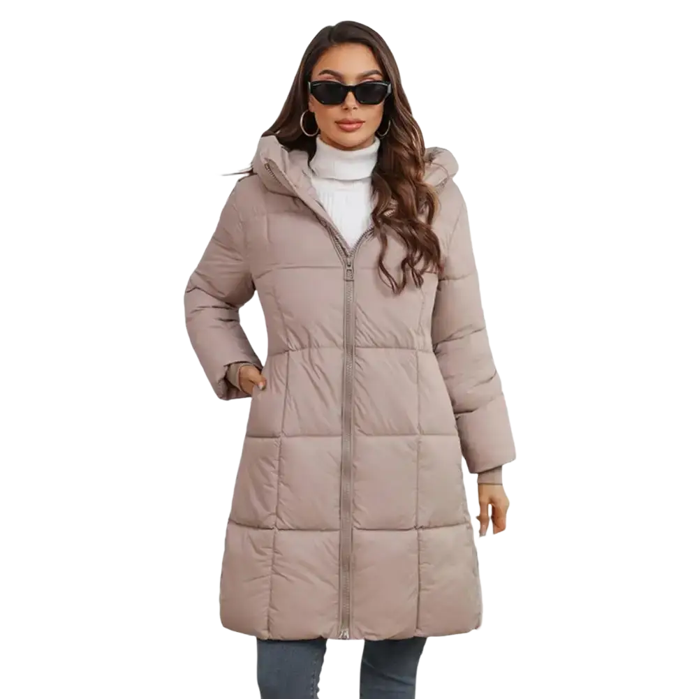 Beige quilted slim fit women long hooded padded winter coat with front zipper for cold weather use