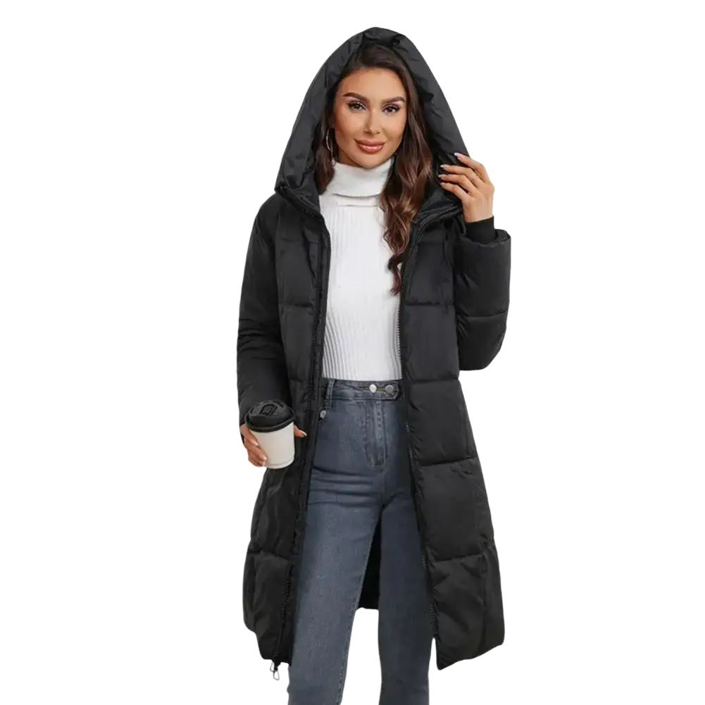 Black long hooded padded winter coat for women with slim fit and quilted design for cold weather use
