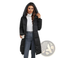 Black long hooded padded winter coat for women with slim fit and quilted design for cold weather use
