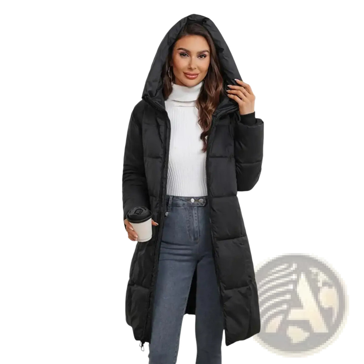 Black long hooded padded winter coat for women with slim fit and quilted design for cold weather use