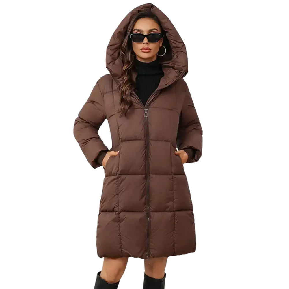Women long slim fit brown quilted hooded puffer coat with front zipper and two side pockets for winter wear