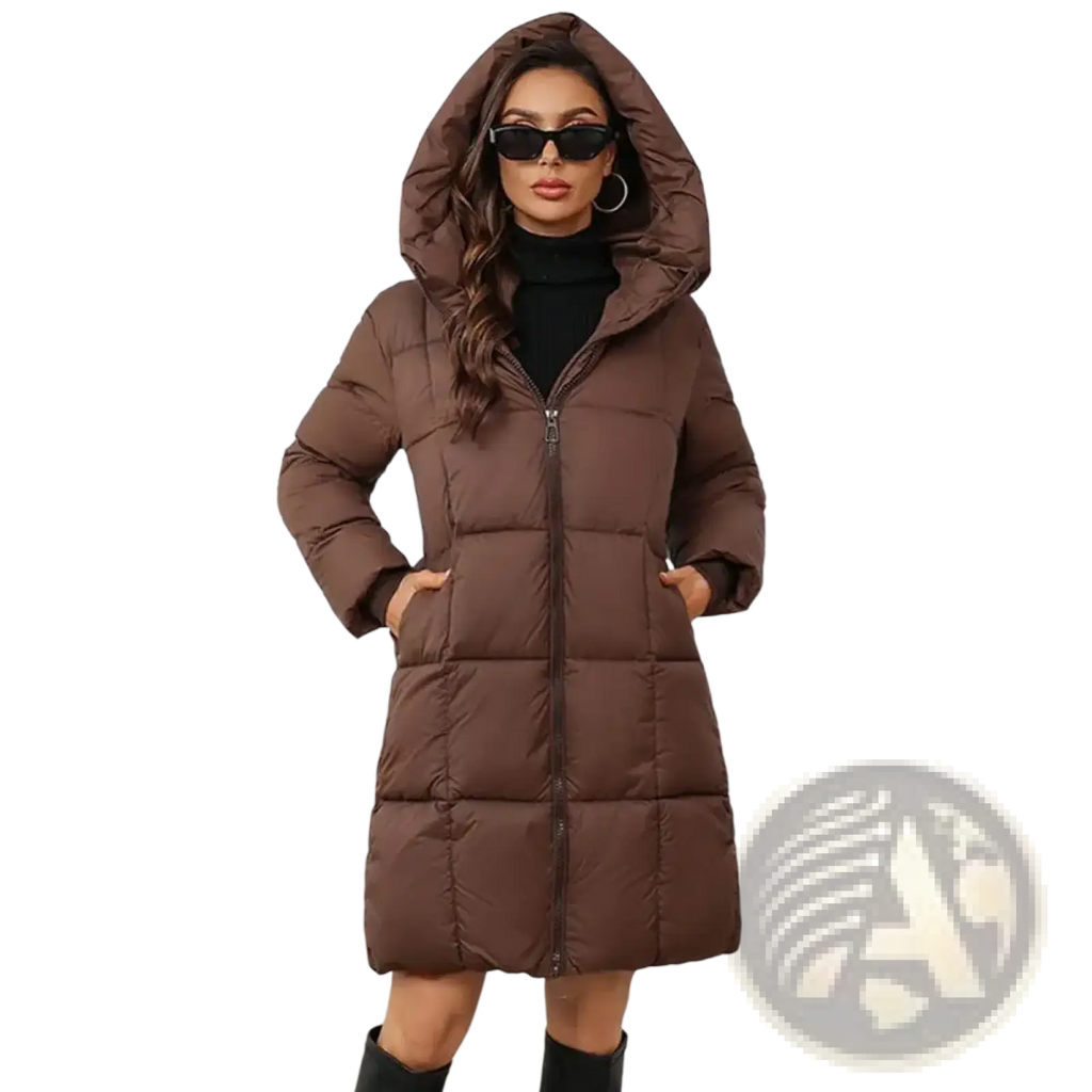 Women long slim fit brown quilted hooded puffer coat with front zipper and two side pockets for winter wear